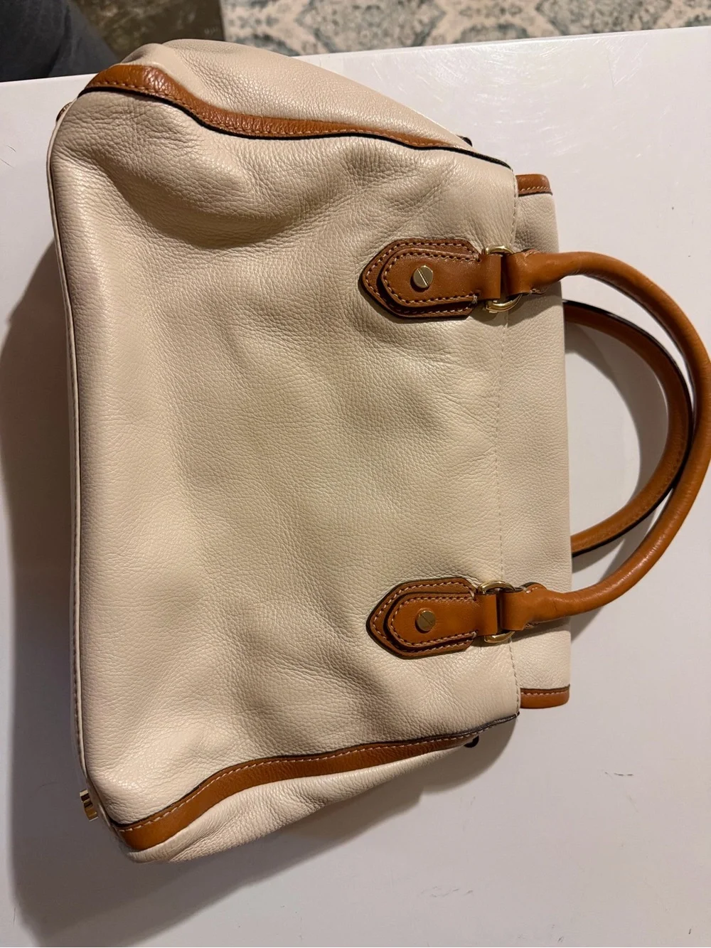 Michael Kors Cream Leather Satchel with Tan Trim